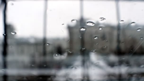 Μεγάλες σταγόνες βροχής πέφτουν στο τζάμι του παραθύρου μια άσχημη μέρα — Αρχείο Βίντεο