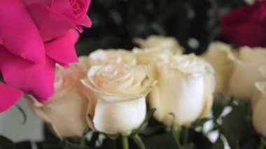 Atölyedeki koyu arkaplanda beyaz gül buketine hareket