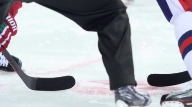 Sopalı ve patenli sporcular buz arenasında disk için dövüşürler.