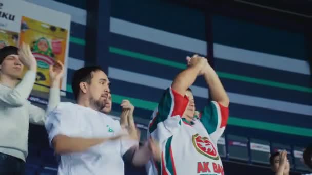 Fanáticos de los deportes aplauden apoyando a jugadores de hockey favoritos — Vídeo de stock