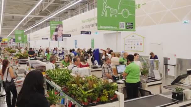 Mostradores de cajero y bastidores con plantas de interior en el supermercado — Vídeos de Stock