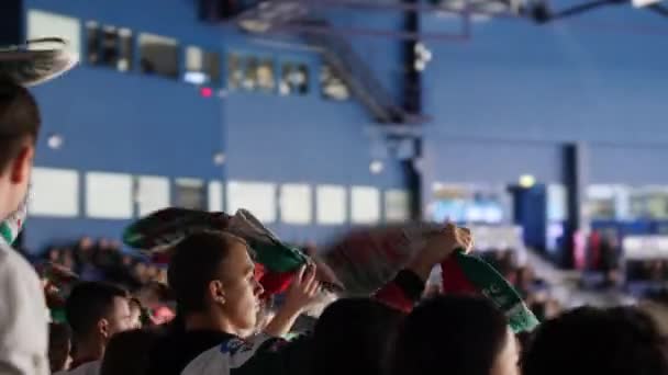Активные болельщики крутят шарфы над головами, смотря хоккейный матч — стоковое видео