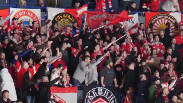 Les fans joyeux avec des drapeaux lèvent la main soutenant l'équipe de hockey — Video