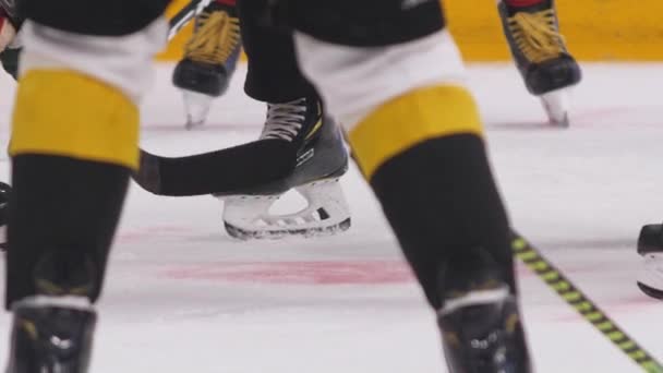 Хоккеисты в форме с коньками бороться за шайбу на катке — стоковое видео