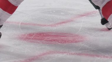 Hokey takımı oyuncuları buz pistinde sopayla disk için savaşır.