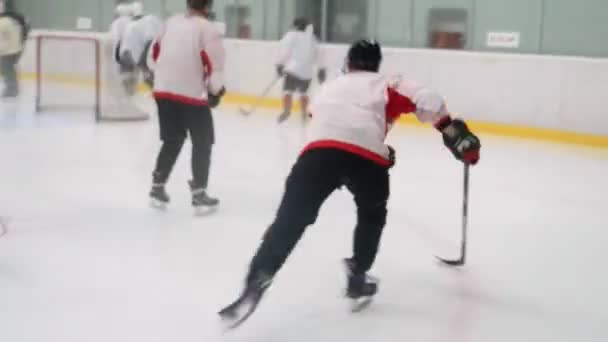 Atleten in uniform met stokken schaatsen langs de lichte ijsbaan — Stockvideo