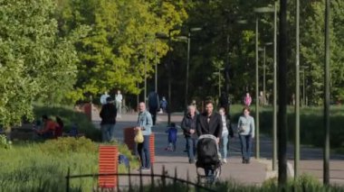 Adam bebek arabasıyla parkta dinlenen insanlarla yürüyor.