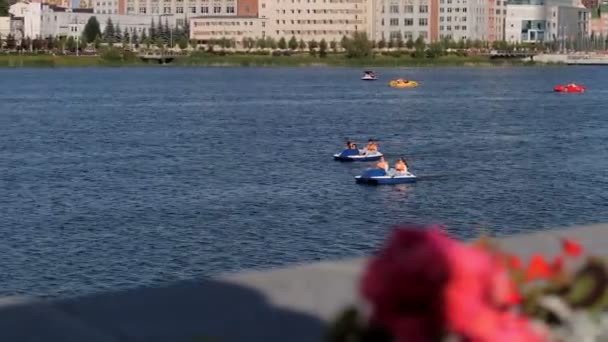 Lidé plachtění barvy pádla podél velké klidné řeky — Stock video