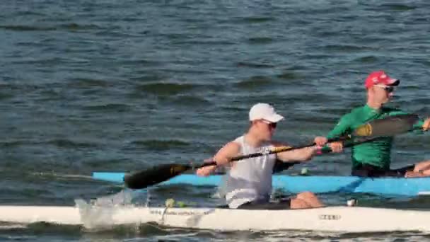 Para olahragawan berlayar dengan perahu kecil dengan dayung di sepanjang sungai besar — Stok Video