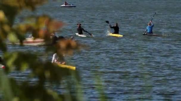 Sportmensen varen kano 's met peddels trainers controle in boot — Stockvideo