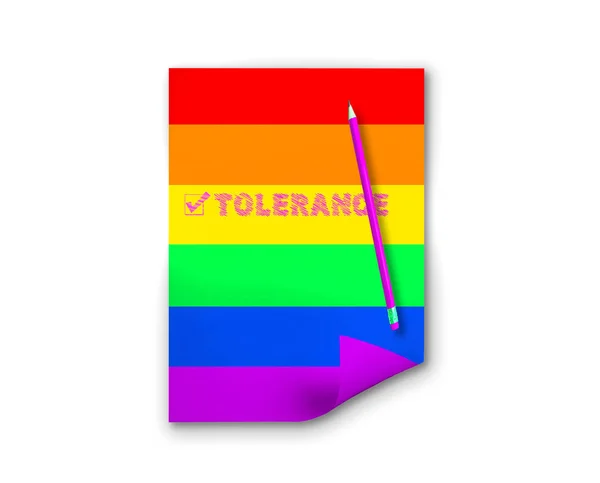 Позначена коробка з написом Толерантність і фіолетовий олівець на папері з веселковими кольорами — стокове фото