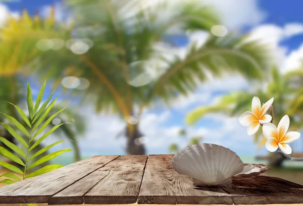 Piękne muszle na drewnianym stole z błękitnym morzem — Zdjęcie stockowe