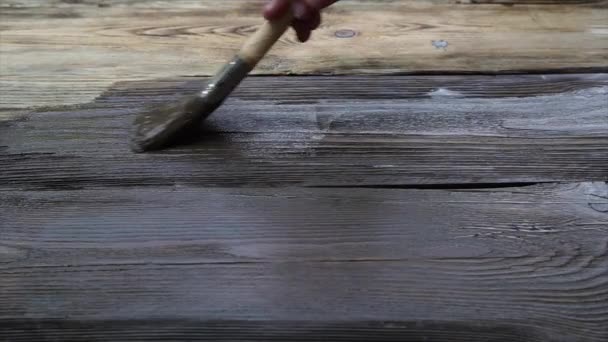 Malerei Alter Holzplanken Mit Pinsel Und Ölfarbe — Stockvideo