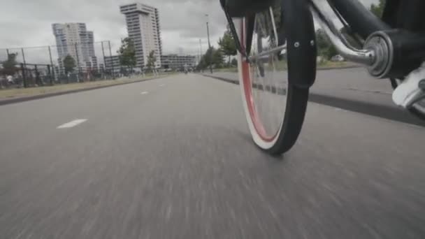Κίνηση Του Ποδηλάτη Στην Άσφαλτο Από Πρώτο Άτομο Πίσω Όψη — Αρχείο Βίντεο