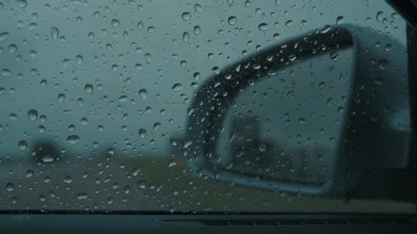 Primer Plano Espejo Ala Través Una Ventana Húmeda Del Coche — Vídeo de stock