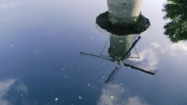 Old Wind Mill Clouds Reflection Water Tourism Europe — Stock Video