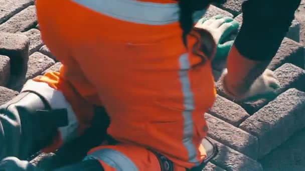 Pavement Construction Worksconstruction Worker Placing Stone Tiles Sand Pavement Terrace — Stock Video