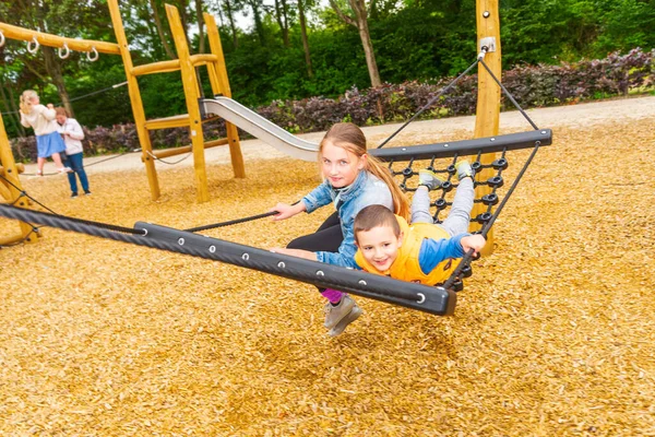 Children Climbing Sliding Slide Playground Happy Children Playing Having Fun — Stock Photo, Image