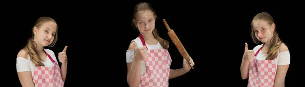 Playful Young Girl Flour Face Holding Rolling Pin Looking Camera — Stock Photo, Image