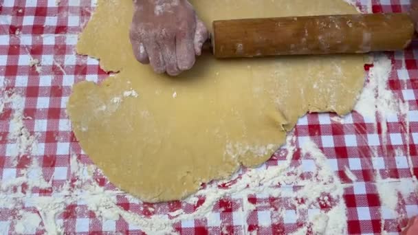 Ragazza Rotolare Impasto Con Mattarello Sul Tavolo Panetteria Casalinga Processo — Video Stock