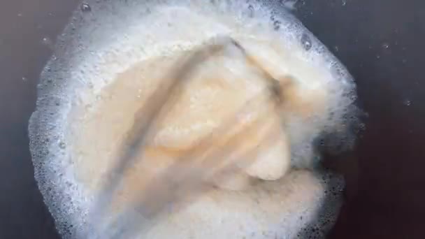 Close Chef Whisks Fresh Raw Natural Egg Bowl — Stock Video