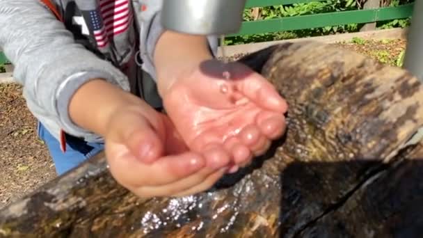 Ένα Παιδί Πλένει Χέρια Του Μια Εξωτερική Βρύση — Αρχείο Βίντεο