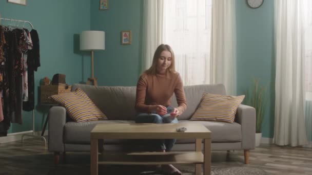 Meisje in een bruine trui en jeans speelt met een hamster — Stockvideo