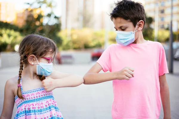 Children Greeting Each Other Coronavirus Pandemic — Stock Photo, Image