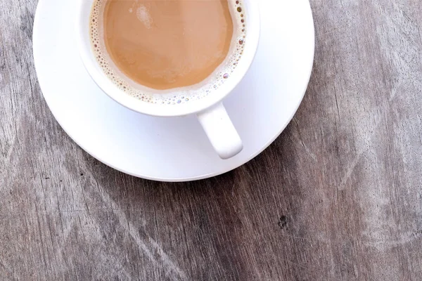 Vista Superior Del Café Caliente Taza Blanca Vieja Mesa Madera — Foto de Stock