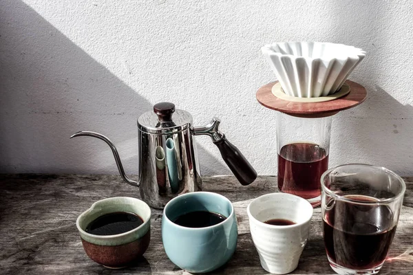 Masada bir fincan kahve ve çaydanlık var.