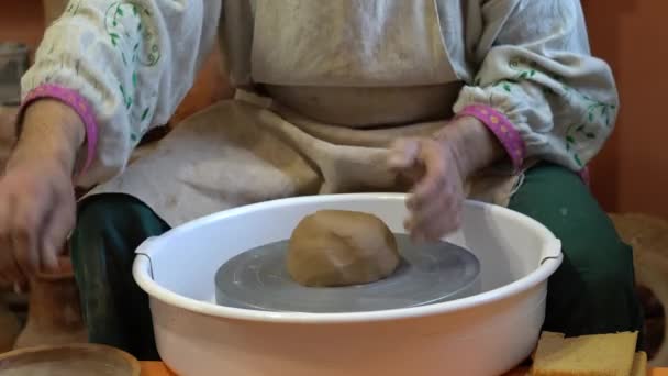 Creating Vase White Clay Close Sculptor Workshop Makes Jug Out — Stock Video