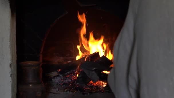 暖炉が燃えます れんが造りの暖炉で暖かい居心地の良い燃えている火をクローズ アップ — ストック動画