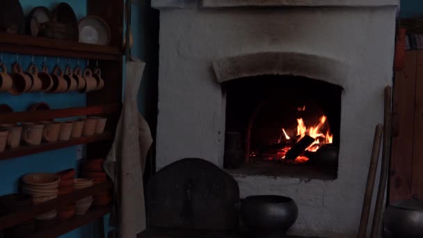 Kamin Brennt Warmes Gemütliches Kaminfeuer Einem Gemauerten Kamin Aus Nächster — Stockvideo
