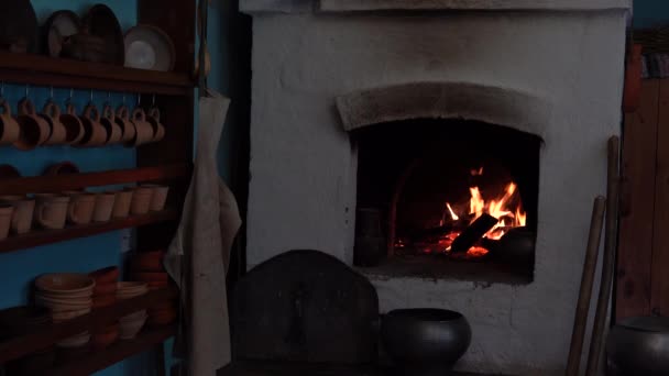 Cheminée Feu Chaleureux Feu Brûlant Dans Une Cheminée Brique Gros — Video