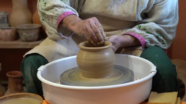 Creare Vaso Argilla Bianca Primo Piano Scultore Laboratorio Brocca Primo — Video Stock