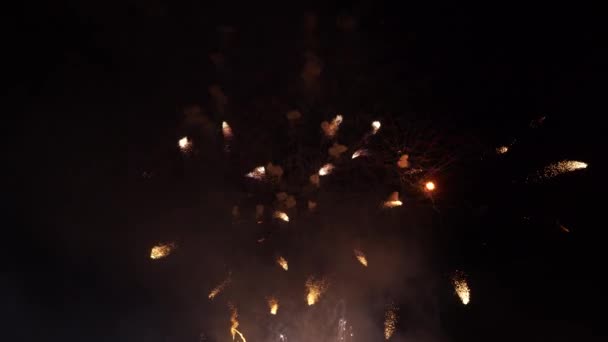 Abstract Gouden Vuurwerk Explosie Transparante Achtergrond Nieuwjaarsvuurwerk Vakantie Vuurwerk Donkere — Stockvideo