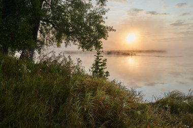 Güneşli puslu bir ışıkta gölün üzerinde sessiz bir şafak. Sonbahar zamanı.