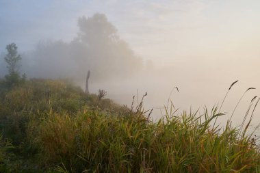 Güneşli puslu bir ışıkta gölün üzerinde sessiz bir şafak. Sonbahar zamanı.