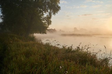 Güneşli puslu bir ışıkta gölün üzerinde sessiz bir şafak. Sonbahar zamanı.