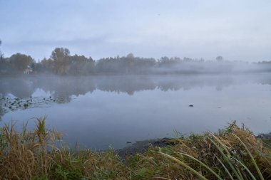 Gölün üzerinde gün ışığında sessiz bir sonbahar şafağı. Taze sis yerde sürünüyor..