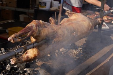 Bütün küçük koyun hazırlandı ve tükürük üzerinde döndürüldü. Sokakta kızarmış et..