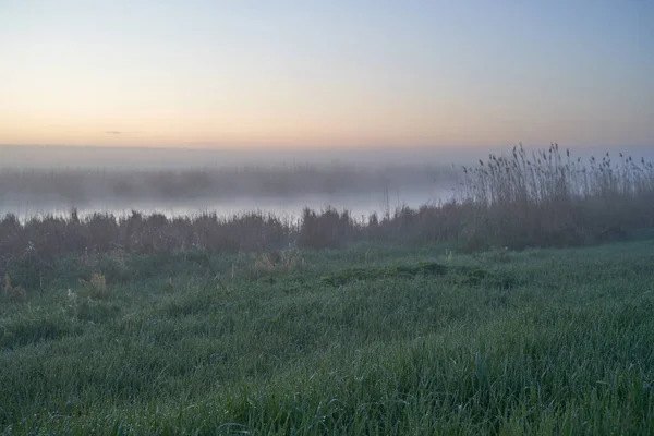 Inizio Primavera Mattina Alba Sul Lago Una Foschia Nebbiosa Pensierosa — Foto Stock