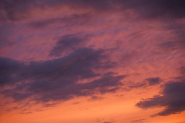 Gün batımında parlayan parlak ışık bulutlarıyla güzel bir akşam masmavi gökyüzü. Gün batımında sıcak bir yaz akşamı. Parlak gün batımı.
