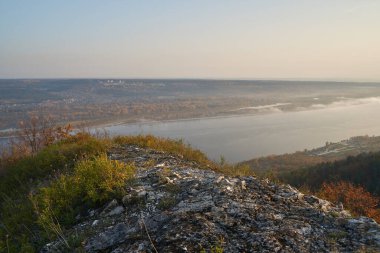 Sonbahar manzarası dağdan büyük nehre, ormandaki altın yapraklar ve yeşil köknar ağaçları. Ormanda sonbahar zamanı. Sonbahar.