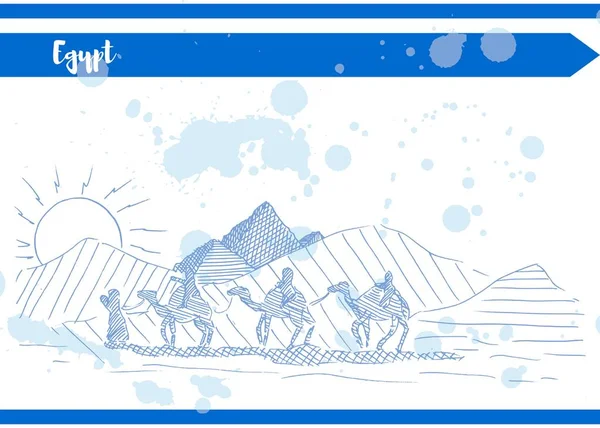 Blu Deserto Sole Piramide Cammelli Schizzo Cartolina Vettore Stock — Vettoriale Stock