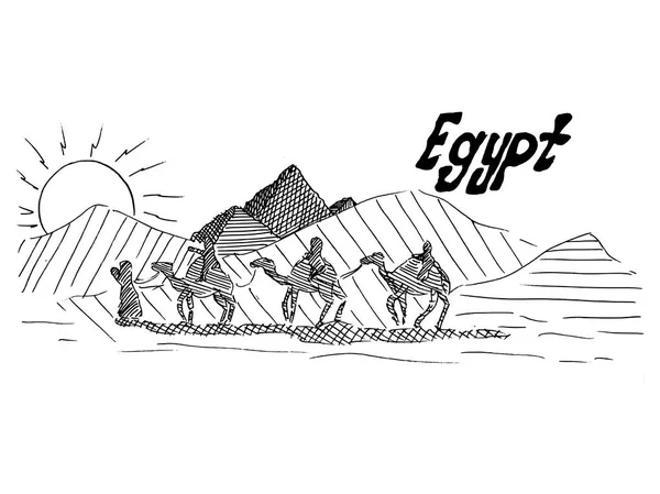 Αιγυπτιακή Μαύρο Και Άσπρο Σκίτσο Καμήλες Και Την Έρημο Διάνυσμα — Διανυσματικό Αρχείο