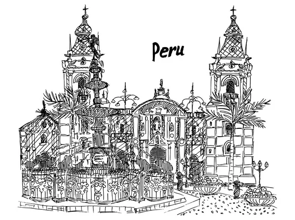 Peru Lima Esboço Preto Branco Palmeira Palácio Fonte Vetor Estoque — Vetor de Stock