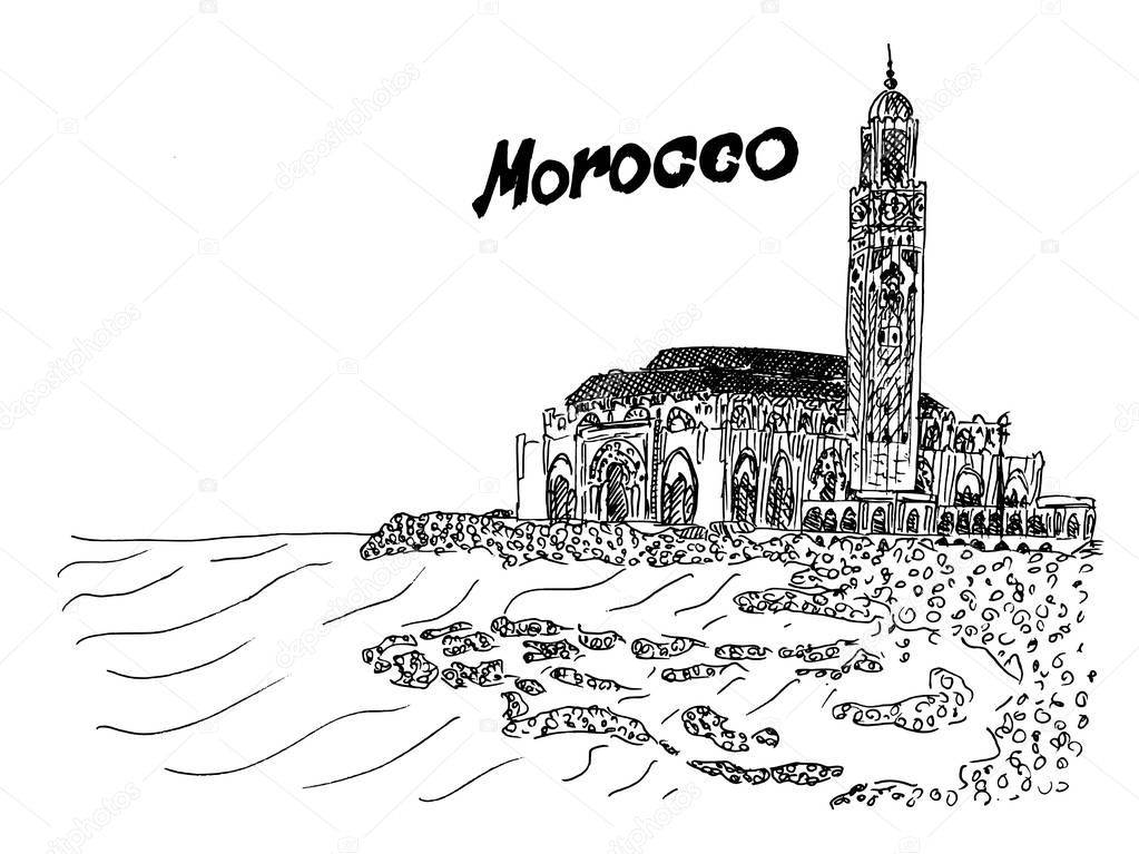 Morocco black and white illustration temple on the coast vector stock