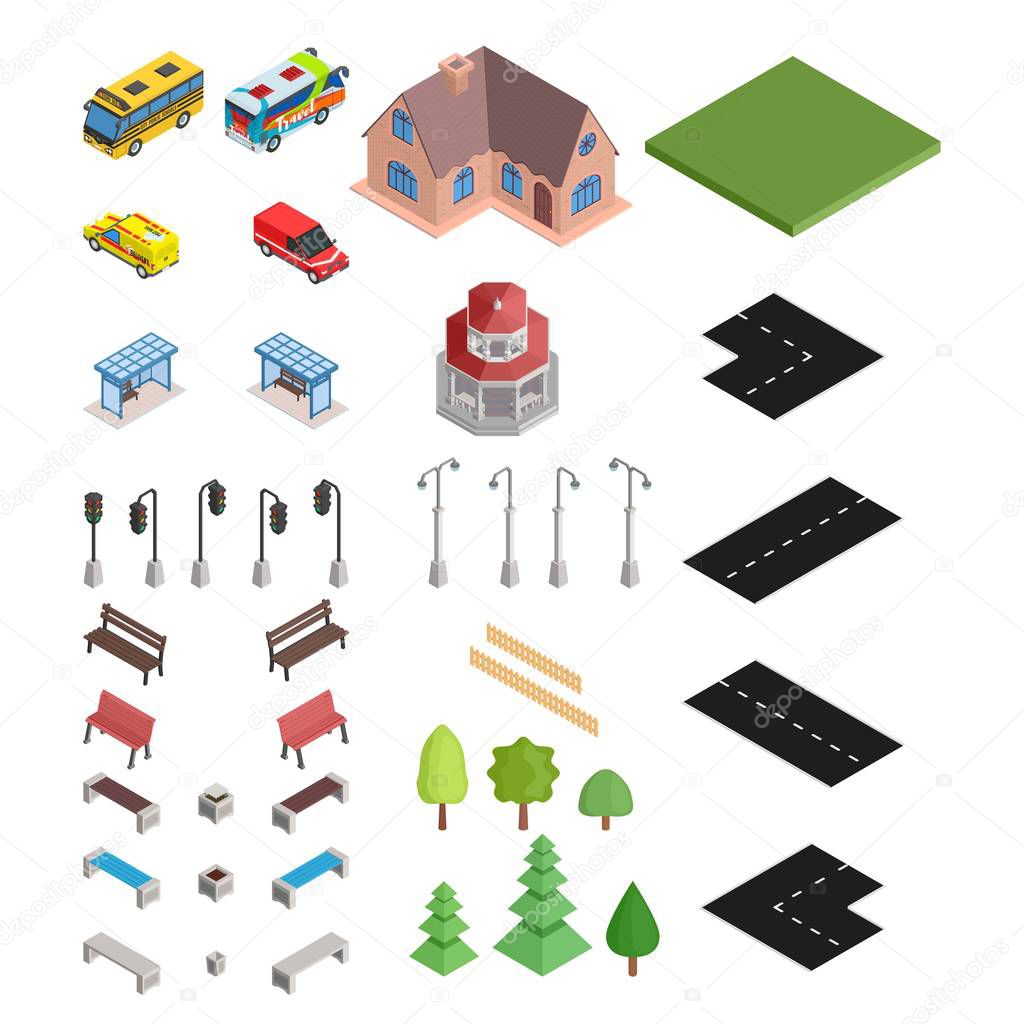 large isometric selection of road and house and cars vector stock