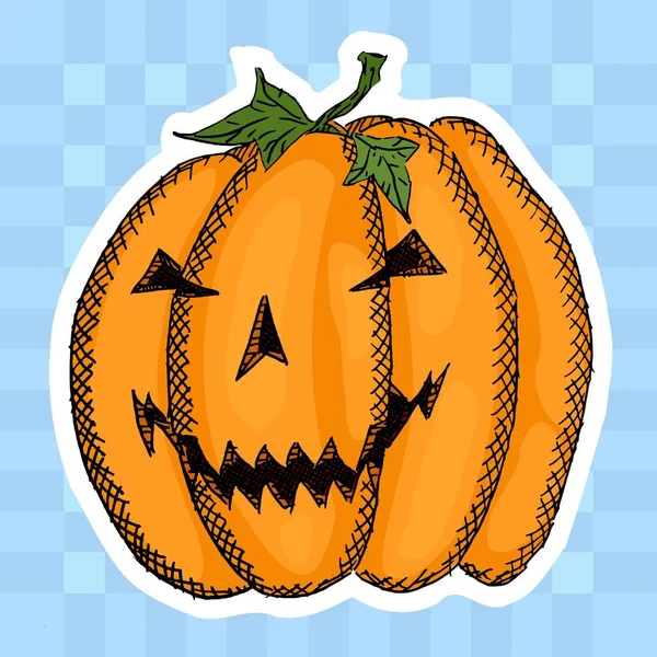 Pegatina Una Calabaza Malvada Sobre Fondo Azul Cuadros Ilustración Vector — Vector de stock